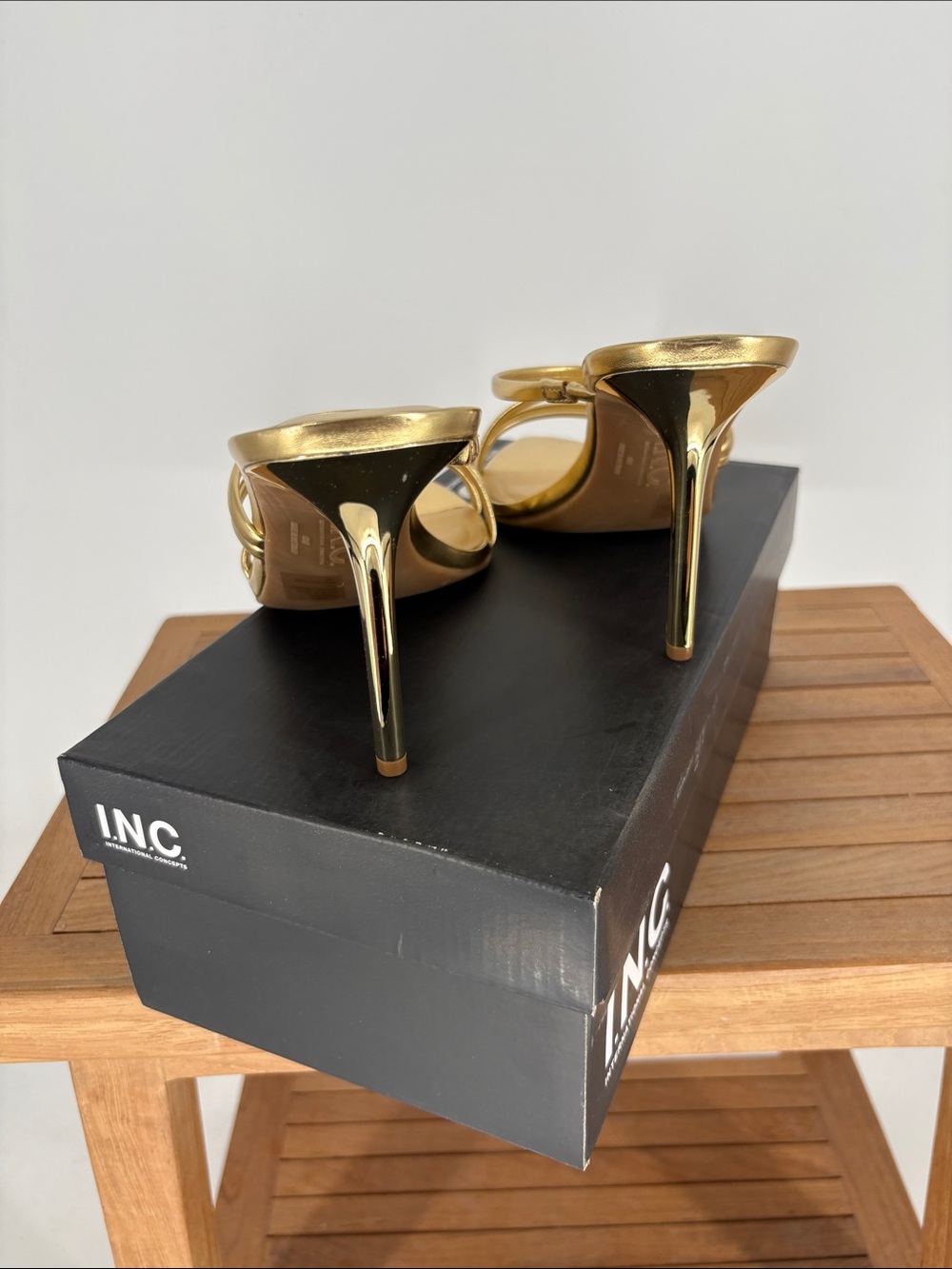 New INC International Concepts Metallic Gold Multi-Strap Pointed Mule Heels 10M - Picture 3 of 6